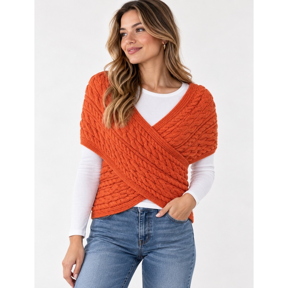 Merino Aran Cable Crossover Wrap with Buttons Sweater Market Wool Orange XL